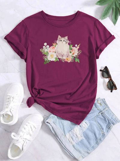 Cat and flowers Print Crew Neck T-shirt, Casual Loose